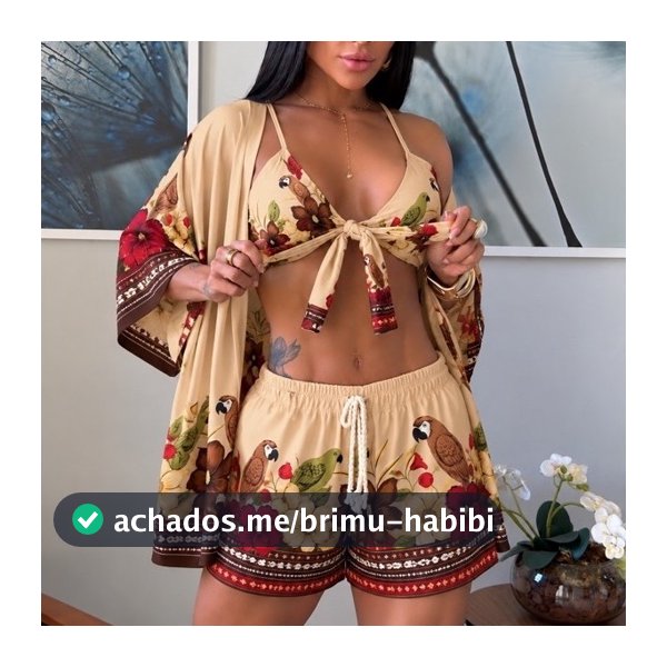 Conjunto Kimono Feminino 3 Peças Short Top com Bojo Viscolinho Moda Praia Verão