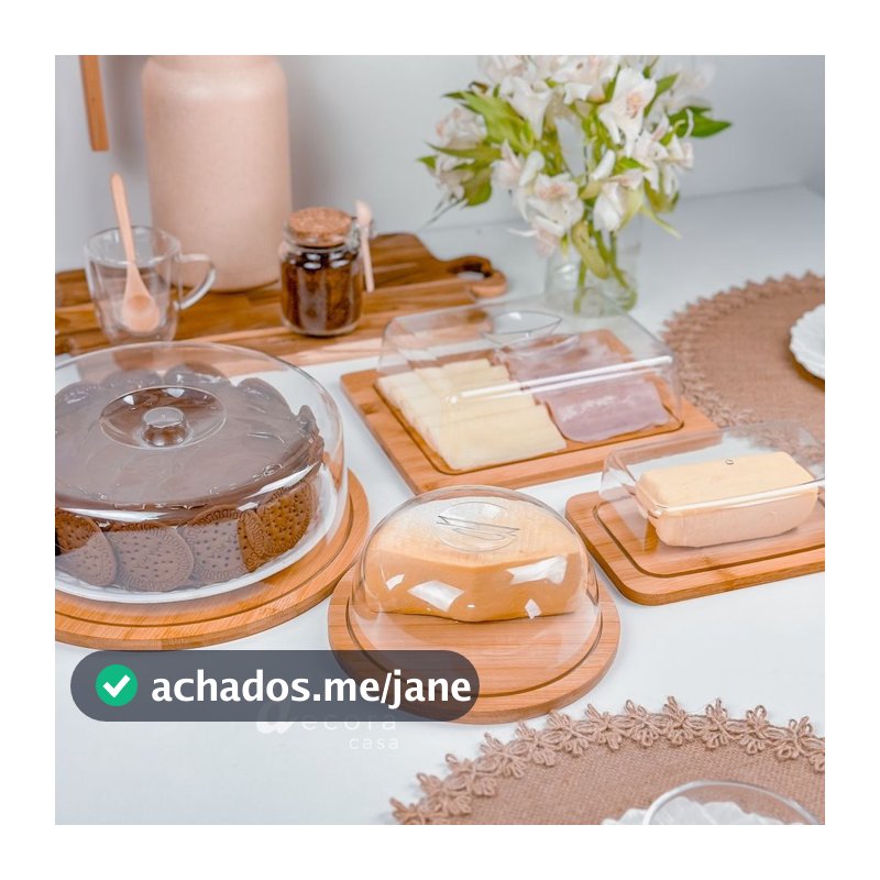 Kit Café da Manhã  4 peças Bambu: Boleira + Manteigueira + Porta Frios Bambu + Queijo