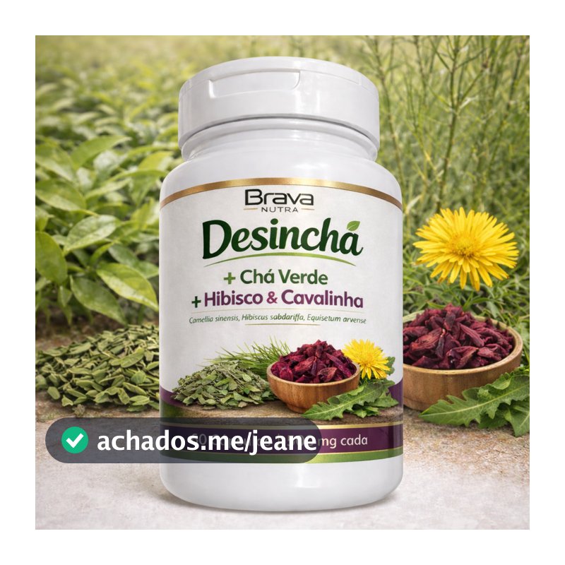 Desinche Já | Chá Verde + Hibisco + Cavalinha | Reduz Inchaço | 60 Cápsulas