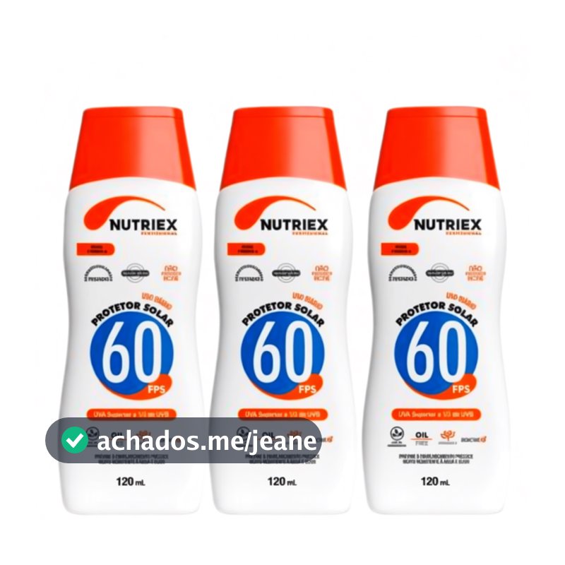 Kit 3 Protetor Solar Fps 60 120ml Nutriex 1/3 UVA UVB Bloqueador Solar Fator 60 Proteção Raios Solares Ultravioleta Sol