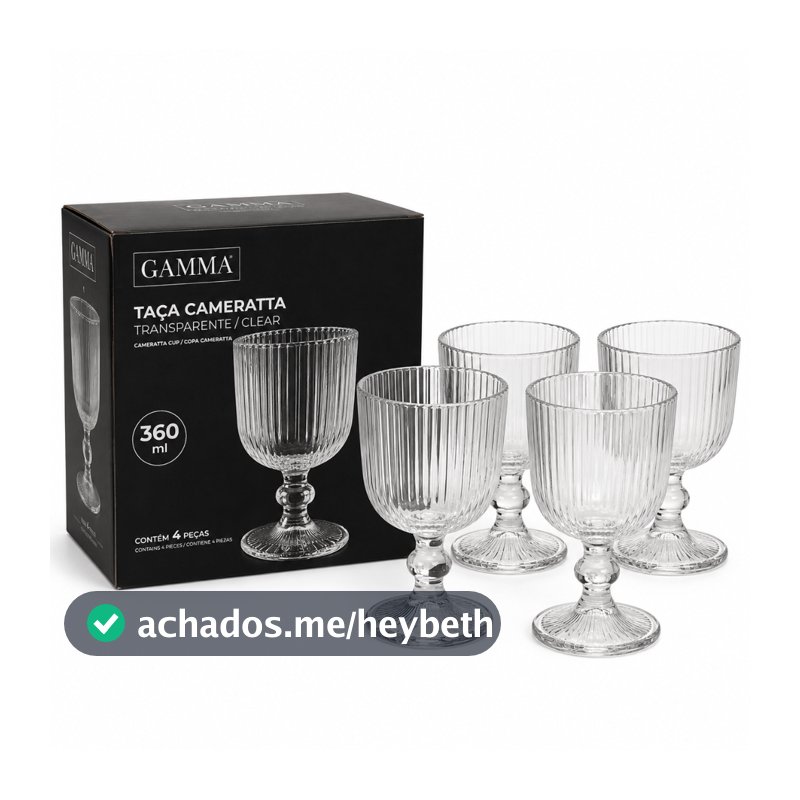Jogo 4 Taças Cameratta 360ml Vidro Transparente Canelado Água Suco Drink Mesa Posta Gamma Luxo