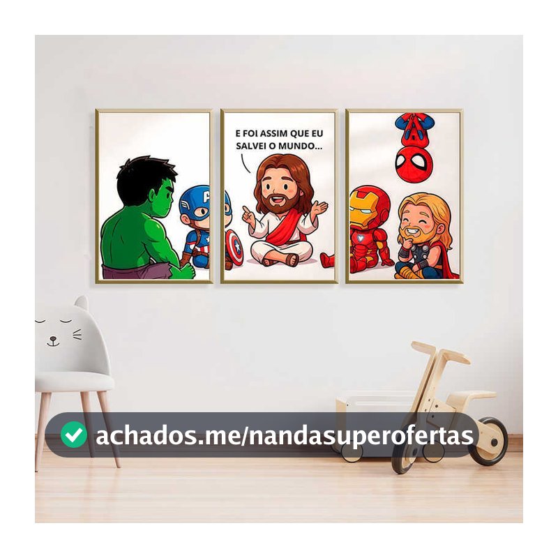Kit Quadro Decorativo 3 Peças Jesus Nosso Salvador Herói Evangélico Decoração Casa Quarto Sala