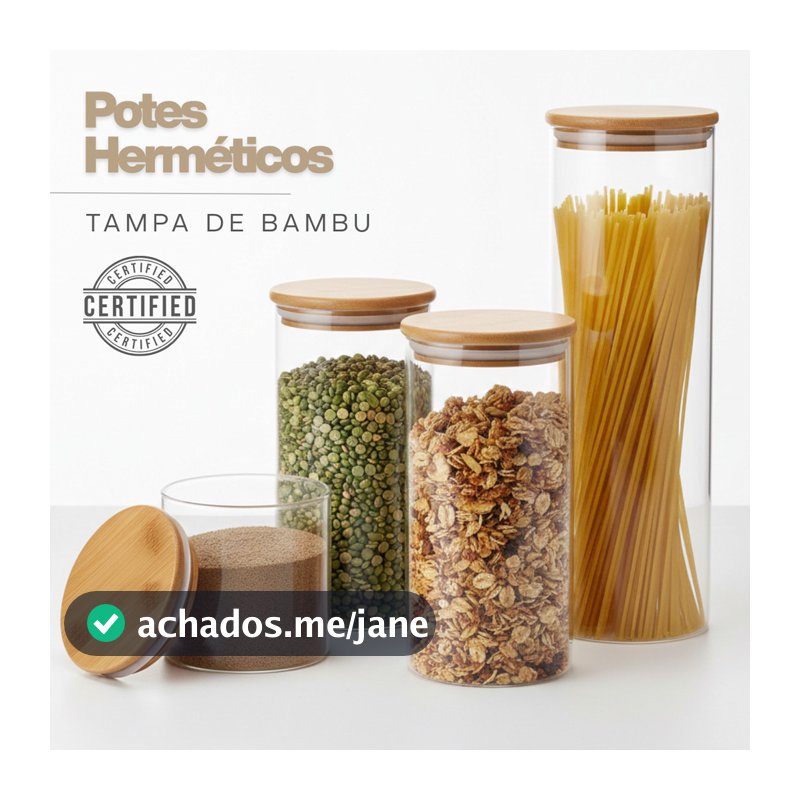 Porta Mantimento De Vidro Herméticos Kit Com 4 Potes Tampa De Bambu
