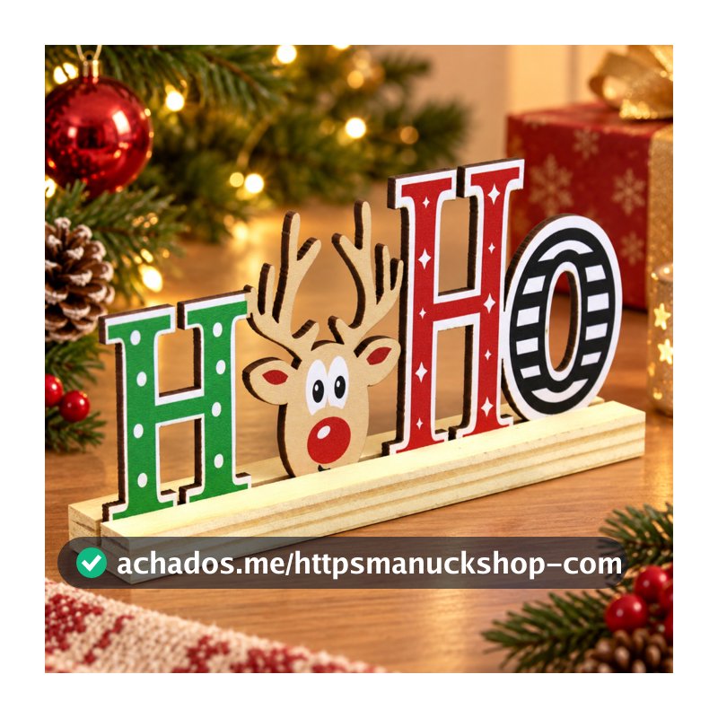 Decoração Natalina de Mesa MDF Rena Ho Ho Ho Enfeite Decorativo de Natal com Base de Pinus 18x9 cm