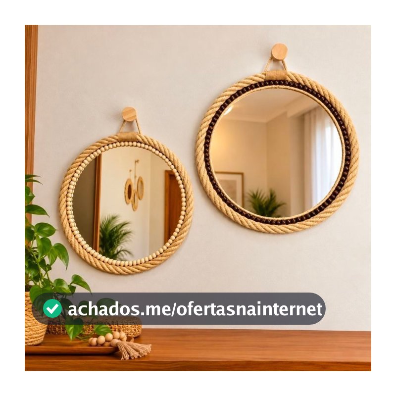 Espelho Redondo Decorativo Boho Trama Natural 40cm e 50cm
