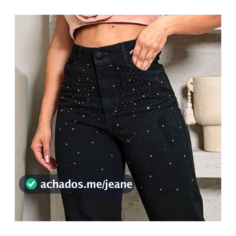 Calça jeans preta com brilhos strass cintura alta empina bumbum feminina 100% algodão