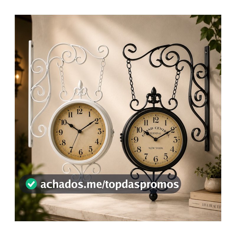 Relógio Estação Dupla Face Retrô Decoração Vintage Preto Branco