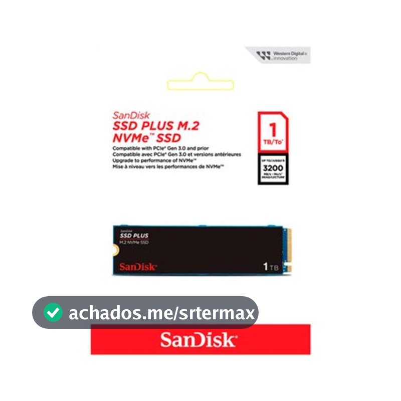 SSD SanDisk Plus, 1TB, M.2 PCle, NVMe, Leitura 3200MB/s e Gravação acima de 2500MB/s, Preto - SDSSDA3N-1T00-G26