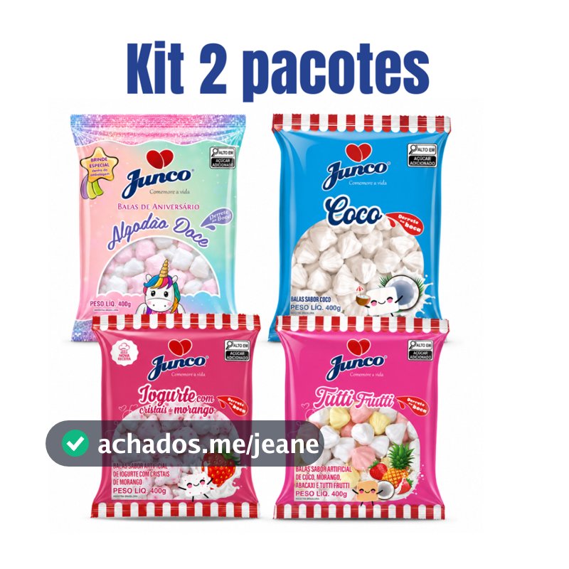 Kit Bala Junco Sortida 400g 2 Pacotes Sabores Variados Algodão Doce Coco Iogurte Tutti Frutti Festa