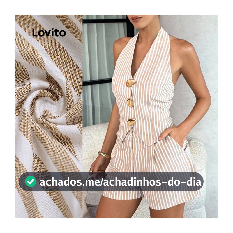 Conjunto Feminino Nacional Lovito Casual Blusa Calça Listrada Shorts Fivela Metálica Primavera/verão Marrom LBL30237