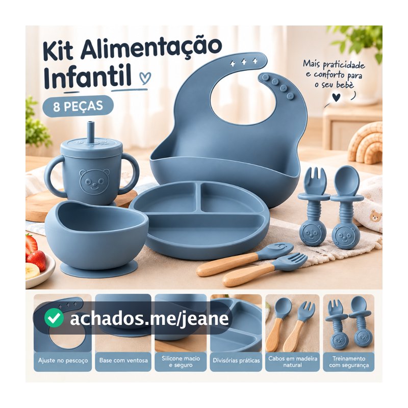 Kit Alimentação Bebê Silicone 8 Peças com Ventosa Babador Prato Tigela Copo Talheres BLW