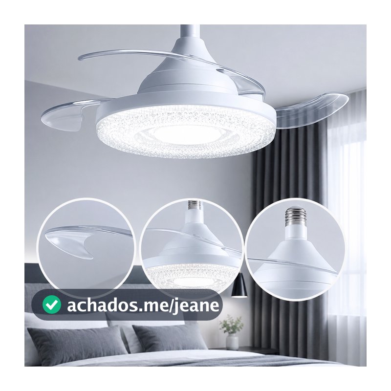 Ventilador de Teto Silencioso 120w Bivolt 3 hélices Retratil Lâmpada de LED 3 cores com Controle