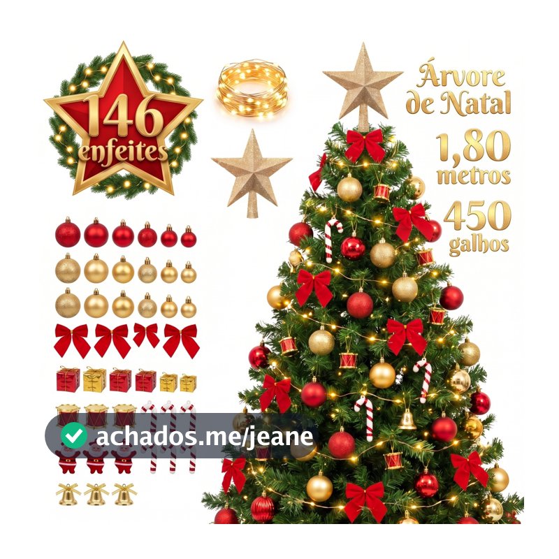 Árvore Natal 1,80m Pinheiro 146 Enfeites 450 Galhos e Led Pisca Pisca Enfeite Decorada Kit Completo Arvore 180cm Cheia