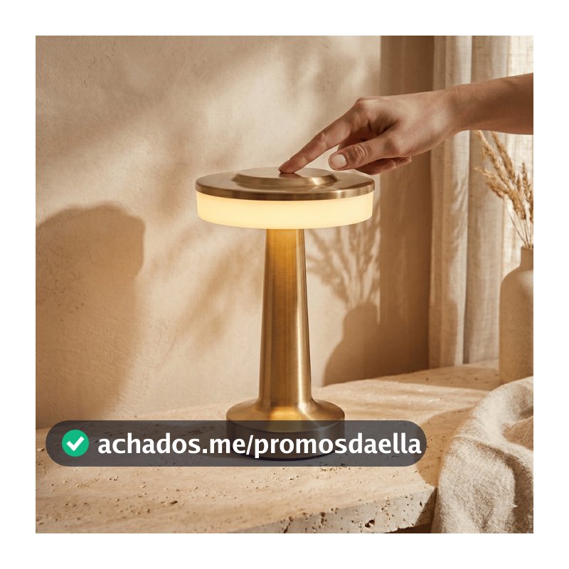 Luminaria Abajur Mesa Metal Sem Fio Recarregavel Touch Dourado Portatil Quarto Sala Decorativa 19cm