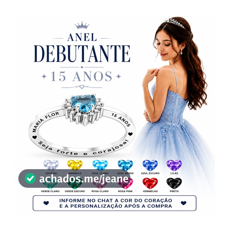 Anel Debutante 15 Anos Prata 925 Personalizado Pedra Coração Anel Princesa Presente Debutante Joia Feminina
