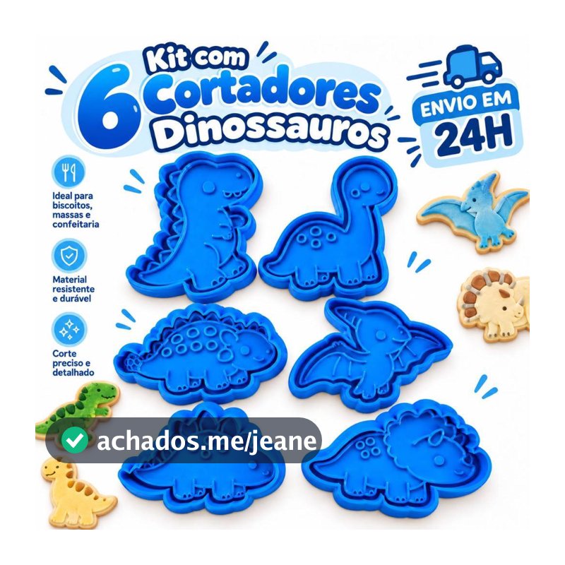 Kit 6 Cortadores Biscoito Fofos Infantil Dinossauro 6cm Cortador Bolacha Massinha Pasta Americana Confeiteira