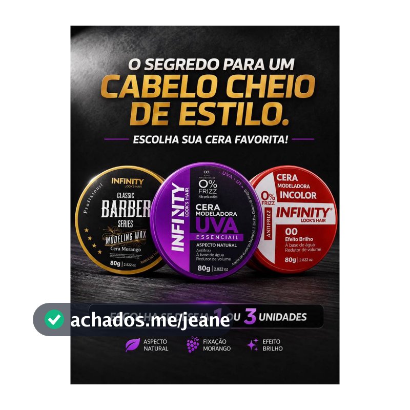 Pomada Modeladora Masculina Infinity 80g Cera para Cabelo Madeira Uva Incolor Efeito Natural e Brilho Kit 1 ou 3 Unidade