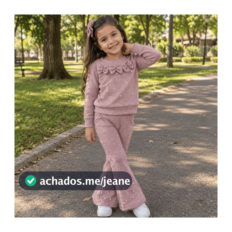 Conjunto Infantil Calça Flare E Blusa Com Pérola 3 Laço