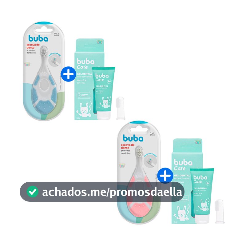 Kit Escova de Dente + Gel Dental Infantil Bebê Buba Primeiro Dentinho Sem Fluor  Escova Massageadora