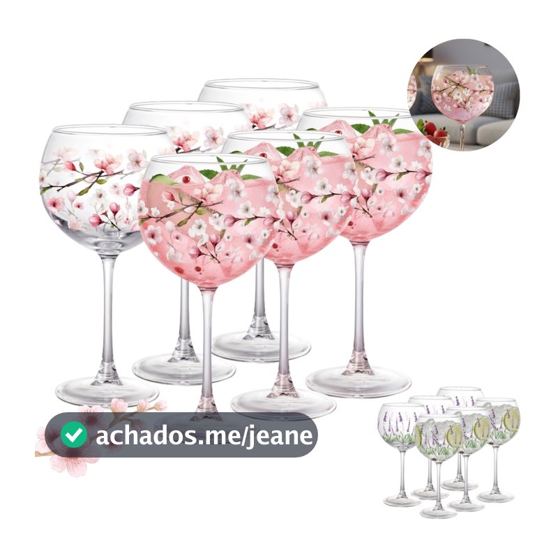 Conjunto Tacas De Gin 635ml Em Vidro Estampado Flor de Cerejeira Lavanda