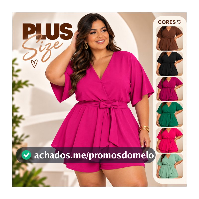 Macaquinho Feminino Plus Size Transpassado com Cinto Manga Solta Short Saia Elegante Confortável