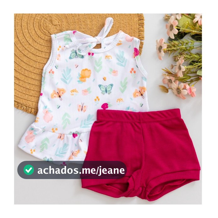 Conjunto Bebê Canelado Verão Infantil Regata Estampa Borboleta e Short Rosa Pink Menina