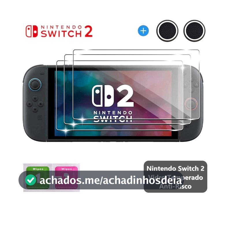 Película de Vidro  Nintendo Switch 2 + 1 Par Grip Aleatório Tela Protetora Película Anti-arranhões, Alta Resistência