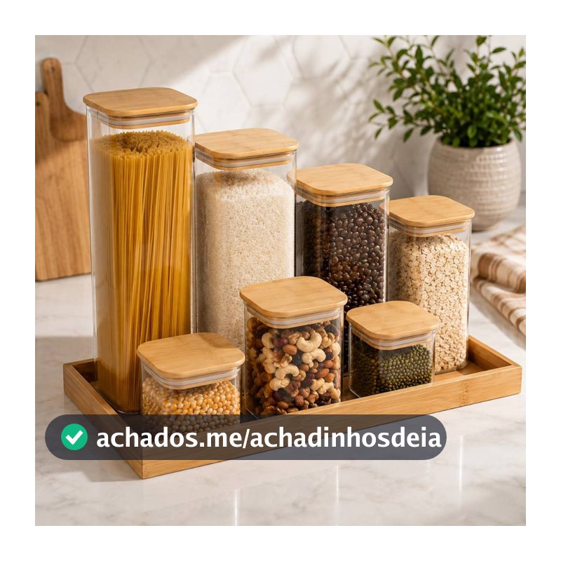 Kit Potes Quadrado  Grande de Vidro com Tampa Bambu Grande Mantimentos