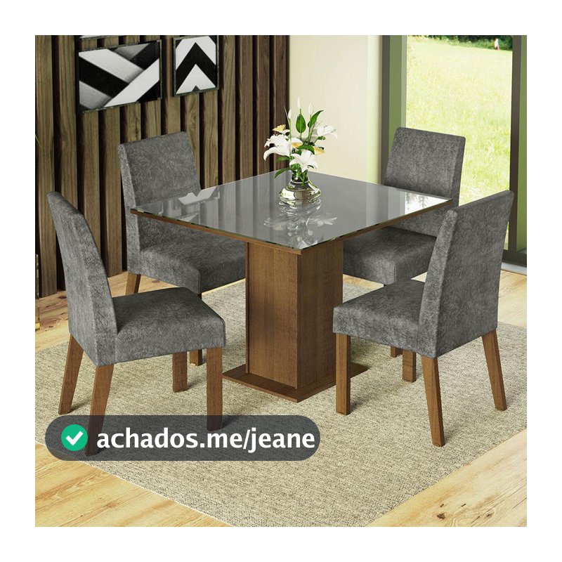 Conjunto Sala de Jantar Mesa Tampo de Vidro 4 Cadeiras Rustic/Cinza/Silver Anne Madesa