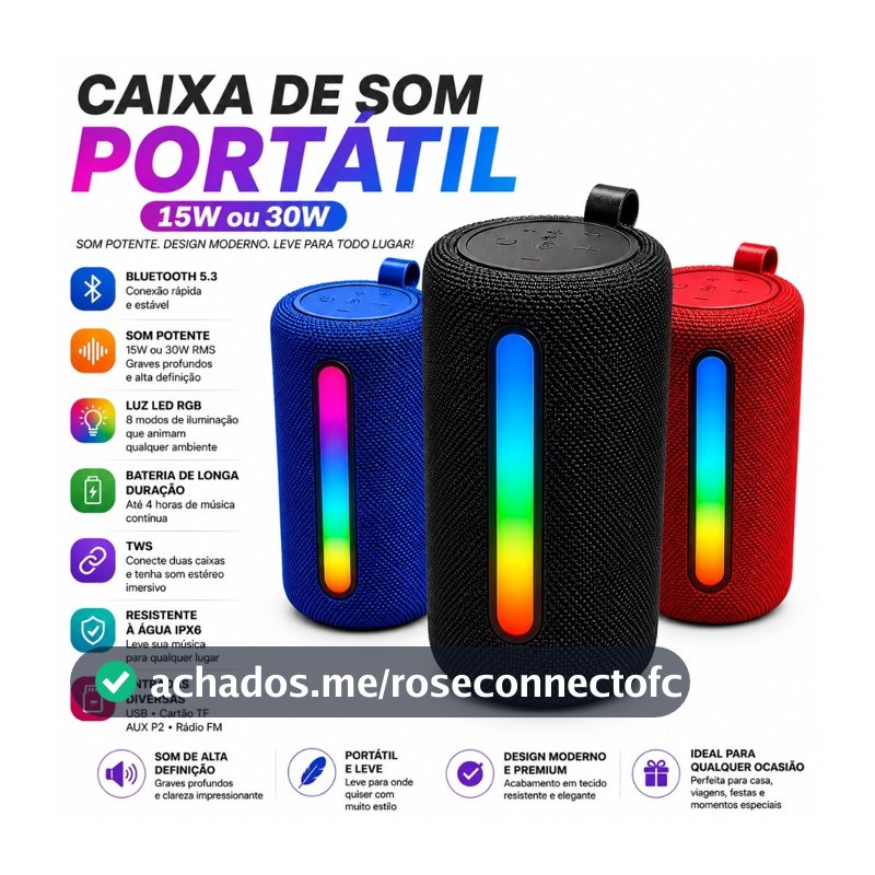 Caixa De Som Bluetooth Portátil Led Rgb 31BTL 33BTL Alto Falante Multimídia Fm P2 Usb 15w 30w