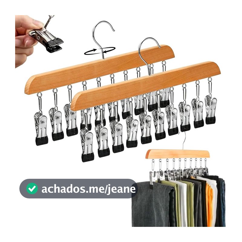 Calças Cabide Organizador De Armário 10 Clipes Madeira Maciça 360 ° Giratório Que Economiza Espaço Para Guarda-Roupa De