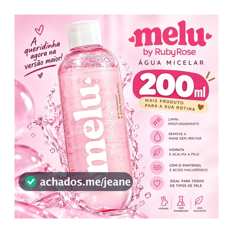 Água Micelar e Demaquilante Melu Ruby Rose Limpa Hidrata e Não Resseca