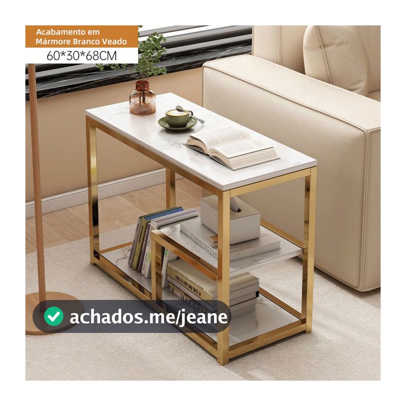 Mesa Lateral Multifuncional Pequena Apartamento Estrutura Metálica Carvalho Cinza Dourado