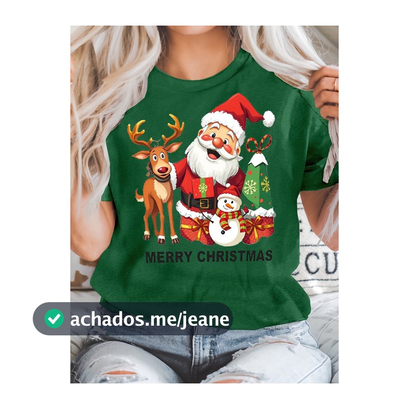 Camiseta Casual Feminina de Manga Curta Estampa Natal com Papai Noel e Rena Envio Imediato