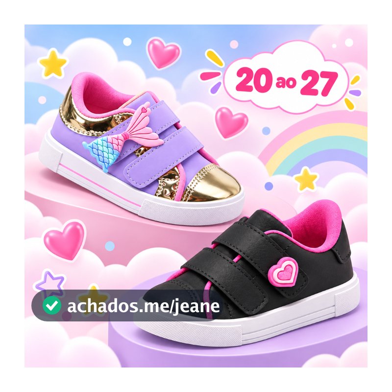 Tênis Infantil Menina Confortável Velcro Calce Fácil Sereia Bebê Coração Preto Rosa Lilás Promoção