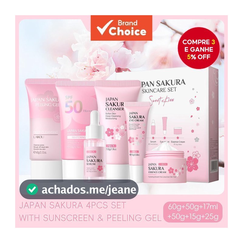 LAIKOU Sakura 4pcs Tratamento de Pele Anti-Envelhecimento com Gel Descascador e Protetor Solar SPF50 PA+