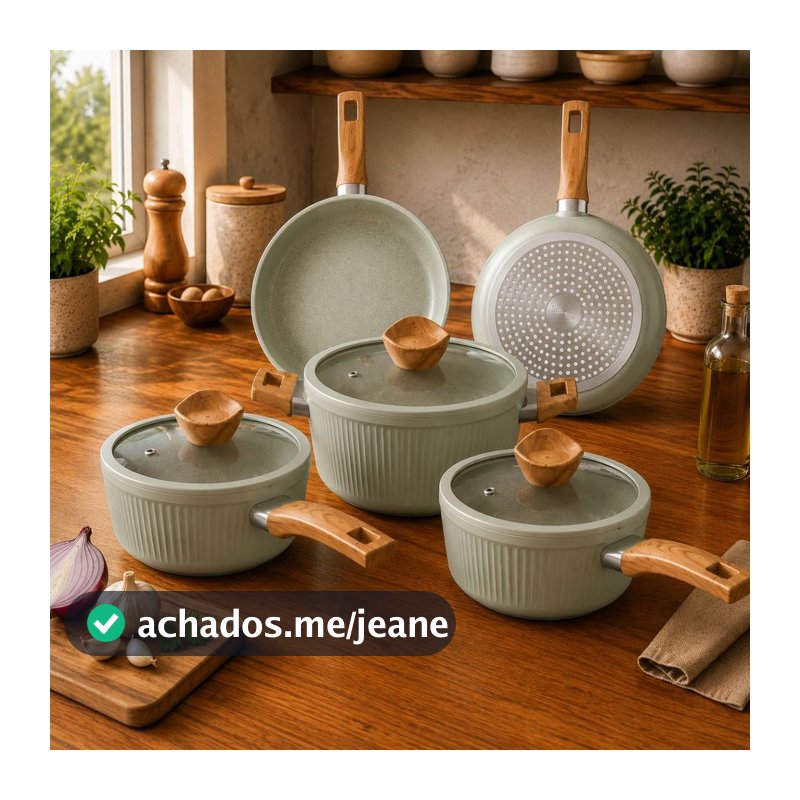 Jogo Kit Panelas Cerâmica 5 Peças Indução Antiaderente Moderna Cabo Soft Touch Tampa Vidro