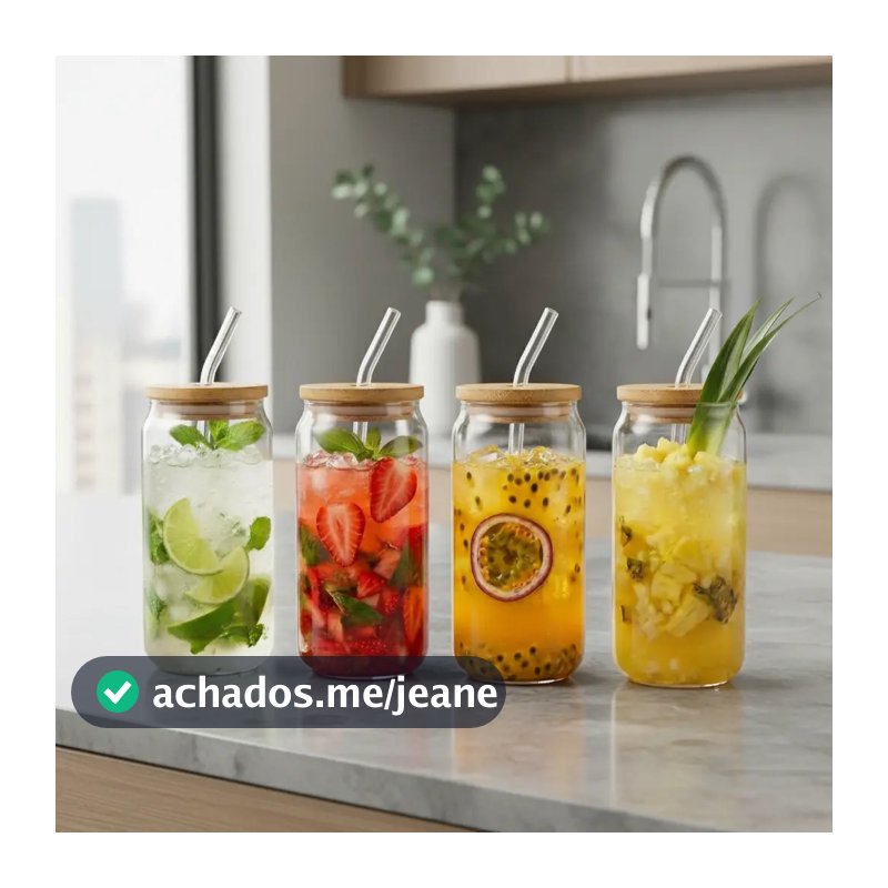 Kit Copos de Vidro com Tampa de Bambu e Canudo de Reutilizável Hermético Suco Café Transparente