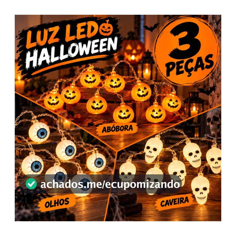 Varal Pisca Halloween Cordão 10 Luzes Led Decoração Abóbora Lâmpada Luz Caveira Fantasma Olho Festa