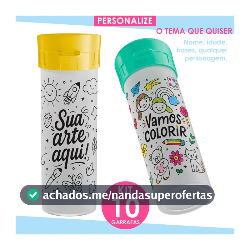 Garrafa de água p/colorir pintar personalizada infantil lembrancinha copos aniversário squeeze 10Un