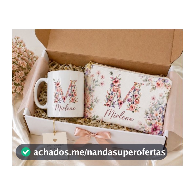 Kit Floral Personalizado com Nome –Caneca + Necessaire Feminina com Inicial + Nome | Presente Delicado