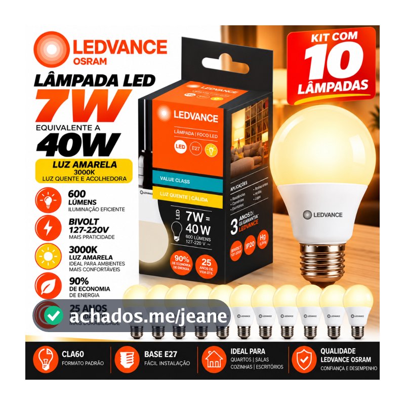 Kit 10 Lâmpadas LED Luz Amarela 7W Bulbo 40W/ 3000K Bivolt Base E27 600 Lúmens