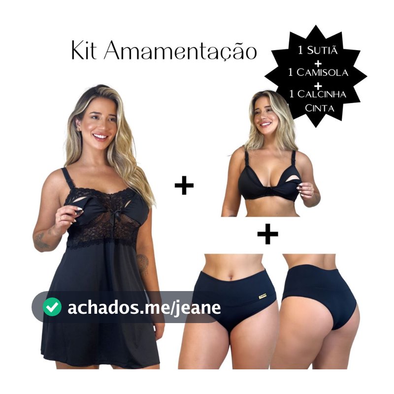 Kit Amamentação Camisola Sutiã e Calcinha Cós Compressão