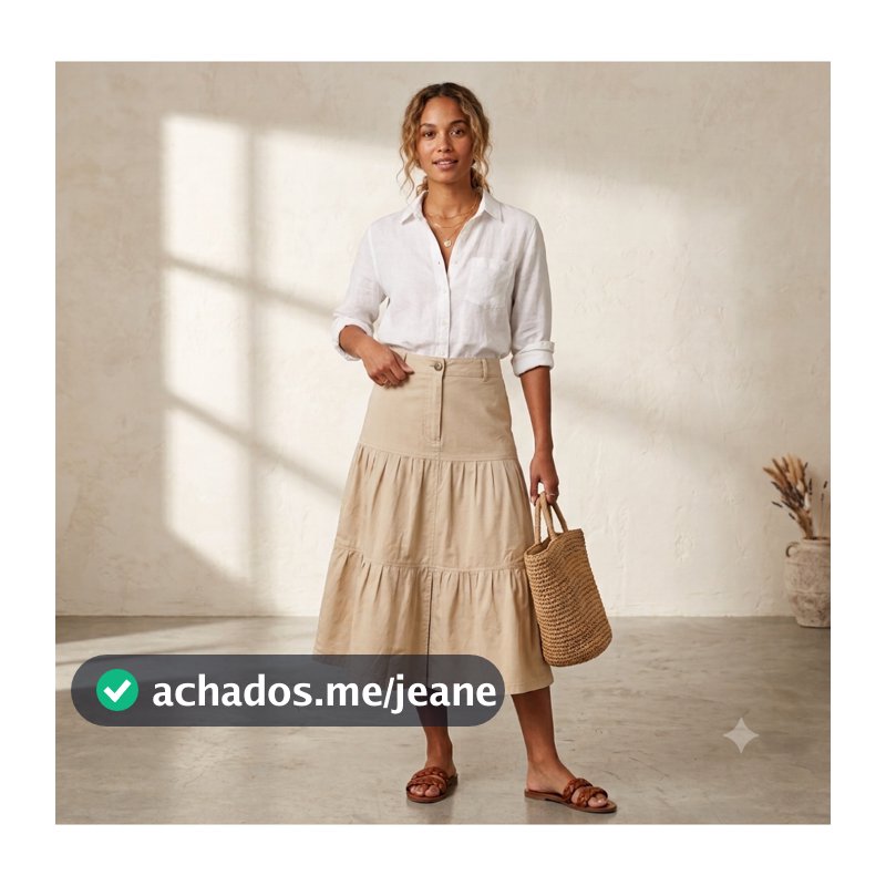 Saia Midi 3 Marias com Botões Forrados em Brim 100% Algodão Moda Evangelica Modesta Nude Bege Marrom Jeans