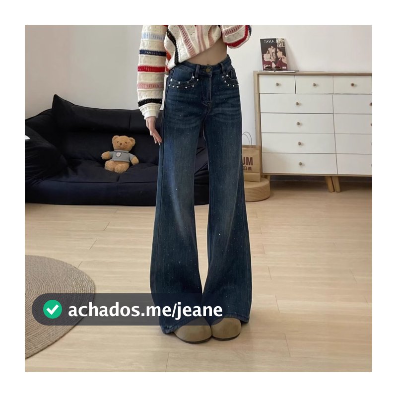 Retro azul quente diamante cintura alta calças de perna larga Jeans solto elástico mais magro olhar calças retas calças