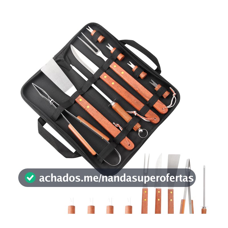 Kit Churrasco 10 Peças Completo Aço e cabo de madeira Inox Faca, garfo, Pegador, Espátula, Amolador, e pegador petisco