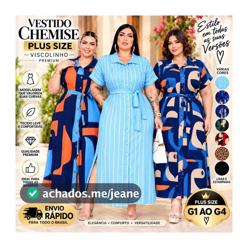 VESTIDO CAMISA CHEMISE MIDI PLUS SIZE FEMENINO VISCOLINHO COM CINTO G1 G2 G3 G4 CONFORTÁVEL FENDAS  LATERAIS SOLTINHO