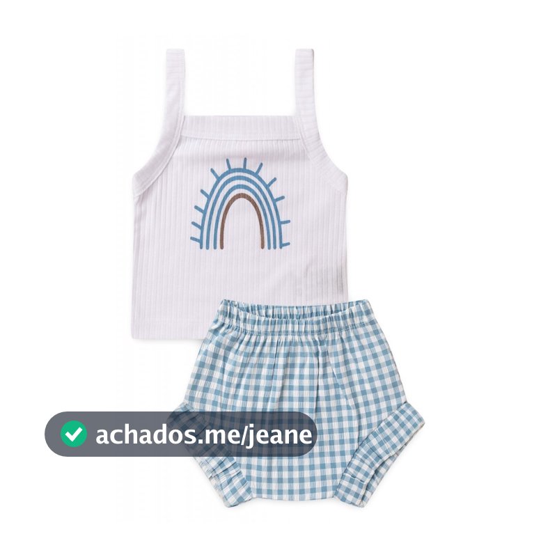 Conjunto Infantil Verão Blusinha Arco-Íris e  Short Xadrez