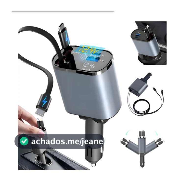 Carregador Veicular 4 em 1 Retrátil USB Tipo C iPhone Android Carga Rápida Carro com Cabo Integrado