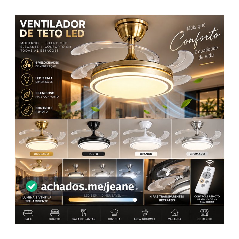 Ventilador de Teto Plafon LED Com Ventilador 4 Pás Retrateis Ultra Silencioso Moderno com Controle